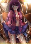  1girl bad_id bakemonogatari blue_eyes brand_name_imitation breasts cleavage eraser glue high_res highres hitagi_senjougahara long_hair looking_at_viewer marker monogatari_(series) navel open_clothes open_shirt pen purple_hair razor_blade ruler school_uniform scissors see-through_silhouette senjougahara_hitagi shirt skirt skirt_lift smile solo standing stapler swordsouls table thighs tombow_mono wading water wet wet_clothes 