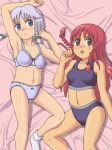 2girls blue_eyes bra braid female footwear hong_meiling izayoi_sakuya kt lingerie long_hair multiple_girls panties red_hair redhead sakuya_izayoi short_hair silver_hair socks sports_bra the_embodiment_of_scarlet_devil touhou twin_braids underwear underwear_only