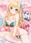 1girl bare_shoulders blonde_hair blush boku_wa_tomodachi_ga_sukunai bow bra breasts butterfly_hair_ornament cleavage condom condom_packet_strip condom_wrapper footwear green_eyes groin hair_ornament kashiwazaki_sena lingerie long_hair mound_of_venus nail_polish off_shoulder panties pillow socks solo stockings strap_slip tears thighhighs underwear underwear_only white_legwear youqiniang