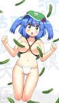  1girl backpack bag blue_eyes blue_hair breasts breasts_apart censored cucumber female fundoshi hair_bobbles hair_ornament hat kawashiro_nitori key nitori_kawashiro randoseru short_hair solo takadoya topless touhou twintails underwear underwear_only 