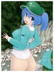 1girl ass backpack bag blue_eyes blue_hair blush bottomless chikado chikadou embarrassed female hair_bobbles hair_ornament hat kawashiro_nitori nitori_kawashiro randoseru short_hair solo touhou twintails