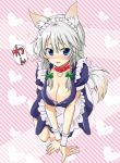 1girl all_fours animal_ears apron bad_hands blue_eyes blush bow bra braid breasts cleavage collar dog_ears dog_girl dog_tail female grey_hair hair_bow heart inu_sakuya izayoi_sakuya kemonomimi_mode large_breasts lingerie maid_headdress natsupa sakuya_izayoi short_hair solo striped striped_background tail touhou twin_braids underwear wrist_cuffs