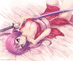  1girl atom-ix_(artist) atomix bare_shoulders bed blush breasts cleavage japanese_clothes katana kimono large_breasts laying long_hair lying naomi_(atomix) on_back original purple_eyes purple_hair sheath solo sword unsheathing violet_eyes weapon 