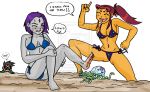 archangemon beach bikini black_hair breasts cleavage dc_comics funny grey_skin jellyfish mad non-nude orange_skin pale_skin ponytail print_bikini purple_hair raven_(dc) red_hair robin short_hair side-tie_bikini smile star_print starfire sweat teen_titans