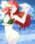 1girl bikini bikini_top bottomless bow braid breasts female groin hair_bow hong_meiling large_breasts long_hair mound_of_venus nekoarashi red_hair solo touhou twin_braids yana_(nekoarashi)