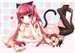 07th_expansion 1girl amakusa_juuza ange_ushiromiya animal_ears battler_ushiromiya black_legwear blue_eyes blush breasts cat_ears cat_tail character_doll chin_rest cleavage doll feet heart kemonomimi_mode long_hair lying mouth_hold no_naku_koro_ni_(series) on_stomach open_clothes open_shirt panties red_hair sadakofxe shirt solo spoken_heart stockings striped striped_panties tail thighhighs umineko_no_naku_koro_ni underwear undressing ushiromiya_ange ushiromiya_battler