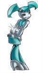 ass black_eyes blue_hair boots jenny_wakeman looking_back mooning my_life_as_a_teenage_robot no_panties robot shiny shiny_skin skirt_down smile solo twin_tails xj-9