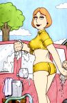 1girl ass big_breasts blue_sky breasts car car_wash earrings erect_nipples family_guy legs lois_griffin looking_at_viewer looking_back mascara midriff milf outdoors parted_lips red_hair rplatt short_hair short_shorts shorts sideboob smile soap