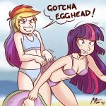  2011 2_girls 2girls beach bikini cleavage female female_only friendship_is_magic funny humanized long_hair megasweet multicolored_hair multiple_girls my_little_pony ocean pink_eyes purple_eyes rainbow_dash rainbow_dash_(mlp) text twilight_sparkle twilight_sparkle_(mlp) wedgie 
