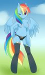 anthro blue_fur breasts equine friendship_is_magic furry looking_at_viewer multicolored_hair my_little_pony one_eye_closed panties pegasus rainbow_dash rainbow_hair skimpy spazzykoneko standing stockings topless underwear wings wink