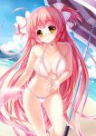 :3 adjusting_swimsuit beach beach_umbrella bikini bikini_pull bow breasts cameltoe choker cleavage cloud collarbone erect_nipples floating_tire front-tie_top goddess_madoka hair_bow hair_ribbon head_tilt innertube kaname_madoka lips long_hair looking_at_viewer mahou_shoujo_madoka_magica navel parasol pink_hair ribbon short_twintails skindentation sky smile solo spoilers summer sunlight swimsuit thighs twintails ultimate_madoka umbrella very_long_hair yellow_eyes youqiniang youqiniang_(artist)