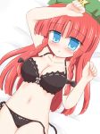  1girl bare_shoulders black_bra black_panties blue_eyes blush bow bra braid breasts cleavage female hair_bow hat hong_meiling lingerie long_hair lying navel panties red_hair redhead ry side-tie_panties solo the_embodiment_of_scarlet_devil touhou twin_braids underwear underwear_only untied 