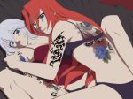  2girls black_bra black_panties blue_eyes blue_rose bra breasts butterfly cleavage cross dragon ebz female flower girl_on_top heart hong_meiling izayoi_sakuya lingerie long_hair multiple_girls neko_majin panties red_hair red_rose rose sakuya_izayoi short_hair silver_hair tattoo the_embodiment_of_scarlet_devil touhou underwear underwear_only yuri 