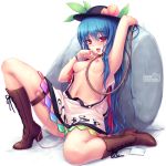 1girl armpits bad_id blue_hair blush boots breasts collar cross-laced_footwear female food fruit hand_to_mouth hand_to_own_mouth hat hinanawi_tenshi insertion lace-up_boots leash leg_band long_hair naughty_face navel nipples no_bra object_insertion open_clothes open_mouth open_shirt peach pussy_juice pussy_juice_puddle red_eyes rock rope sayori shimenawa shirt small_breasts solo sweat tears tenshi_hinanawi topless touhou vibrator yellow_eyes