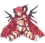  1girl absurd_res absurdres bad_id belt beltbra belts beltskirt breasts cute demon_girl high_res highres horns kneel kneeling large_breasts long_hair multiple_belts open_mouth original pointy_ears red_eyes red_hair sitting smile solo tattoo thigh_strap underboob very_long_hair wariza wings zenn 