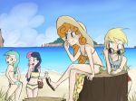 ass beach bikini blonde_hair blue_eyes blush bonbon carrot_top cleavage derpy_hooves friendship_is_magic hat long_hair looking_back lyra multicolored_hair multiple_girls my_little_pony ocean orange_hair print_bikini smile string_bikini sunglasses thelivingmachine02 yellow_eyes