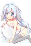 1girl :o animal_ears arm_support blue_eyes blue_hair bra breasts bunny_ears bunny_tail cleavage high_res highres lingerie long_hair looking_at_viewer mani original panties plushophilia sitting solo stockings stuffed_animal stuffed_toy tail thighhighs underwear underwear_only usashiro_mani very_long_hair wariza