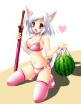  1girl animal_ears big_breasts bikini bow bow_bra bra breasts cleavage female food frills fruit inubashiri_momiji kamiya_tomoe large_breasts lingerie momiji_inubashiri net open_mouth panties pink_legwear pink_thighhighs red_eyes sheath sheathed short_hair side-tie_bikini side-tie_panties solo stockings swimsuit swimsuits sword tail thigh-highs thighhighs touhou underwear watermelon weapon white_hair wolf_ears 