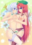 2girls bad_id blue_eyes bottomless braid breasts female flower g-string garter_belt garters headband hong_meiling izayoi_sakuya kirise_mitsuru large_breasts lingerie long_hair lowleg lowleg_panties multiple_girls nipples panties panties_only red_hair sakuya_izayoi short_hair the_embodiment_of_scarlet_devil thighhighs thong topless touhou twin_braids underwear underwear_only white_hair yuri