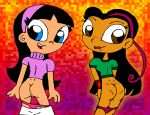  black_hair blue_eyes bottomless bracelet brown_eyes crossover freckles hairband jewelry juniper_lee lipstick long_hair looking_back mooning multicolored_hair panties panties_around_legs pink_panties purple_panties rayryan_(artist) skirt_down smile the_fairly_oddparents the_life_and_times_of_juniper_lee trixie_tang underwear 
