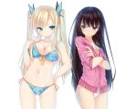 2girls alternate_hairstyle bare_shoulders big_breasts bikini black_eyes black_hair blonde_hair blue_eyes boku_wa_tomodachi_ga_sukunai breasts butterfly_hair_ornament caidychen cleavage crossed_arms front-tie_top groin hair hair_ornament hand_on_hip high_res highres hips hood hoodie kashiwazaki_sena large_breasts long_hair midriff mikazuki_yozora mound_of_venus multiple_girls side-tie_bikini sleeves_pushed_up swimsuit twin_tails twintails white_background yozora_mikazuki