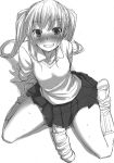 1girl arm_support big_penis blush bosshi cock_sleeve cock_sock flaccid footwear futabu futanari highres intersex large_penis looking_at_viewer monochrome penis school_uniform serafuku shoes sitting sketch skirt smile sock_on_penis sockjob socks solo sweat twin_tails twintails