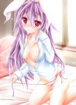 1girl :< absurd_res absurdres animal_ears bare_legs bed blush breasts bunny_ears buttons dress_shirt female high_res highres kneel kneeling long_hair looking_at_viewer no_bra no_pants open_clothes open_shirt panties red_eyes reisen_udongein_inaba shirt side-tie_panties solo string_panties sutoreruka touhou underwear untied untying