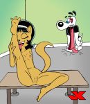 anthro ass black_hair blue_eyes breasts cat closed_eyes dog dudley_puppy erect_nipples furry hair hairband jk jk_(artist) kitty_katswell lick long_hair nipples nude pussy small_breasts smile spread_legs surprise t.u.f.f._puppy tongue