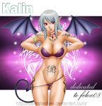 big_breasts bikini breast_grab breasts choker demon_girl grabbing grey_hair idarkshadowi_(artist) kalin_succubus_(idarkshadowi) long_hair necklace original original_character panty_pull red_eyes sexually_suggestive succubus swimsuit tail tattoo undressing wings