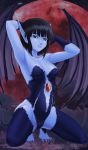 1girl armpits arms_behind_head bangs black_hair blue_skin blunt_bangs demon_girl demon_tail demon_wings female full_moon fur high_res highres leotard lilim_(monster_farm) lilim_(monster_rancher) monster_farm monster_rancher moon mora_man pointy_ears red_eyes red_moon short_hair sky solo squatting star_(sky) starry_sky stockings tail thighhighs wings