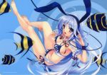  1girl :d animal_ears bare_legs barefoot bikini blue_eyes blue_hair breasts bunny_ears choker cleavage fake_animal_ears feet fish headphones high_res highres kuroya_shinobu legs long_hair looking_at_viewer musical_note nail_polish open_mouth original piano_keys print_bikini scan side-tie_bikini smile solo swimsuit toenail_polish toes wristband 