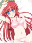  arm_up beret blue_eyes blush bow bra braid breasts cleavage female hair_bow hat hong_meiling large_breasts lingerie long_hair looking_at_viewer lying navel on_back panties pink_bra pink_panties red_hair ry solo touhou twin_braids underwear underwear_only very_long_hair 