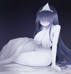 1girl arano_oki areola arm_support bangs bedsheet black_hair blush breasts curvy frown ghost hair_over_eyes large_breasts long_hair navel nipples nude pale_skin sitting thick_thighs thighs touhou triangular_headpiece very_long_hair wide_hips