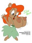  1girl anthro bear big_breasts breasts brown_fur clothed clothing dress fur furry hair huge_breasts julie_bruin lipstick lisa_m._hayes mammal massive_breasts nipples red_hair surprise tiny_toon_adventures topless ultrafem wardrobe_malfunction warner_brothers 