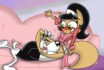  anthro black_hair blush bottomless cat dog dudley_puppy funny furry hairband kitty_katswell long_hair smile surprise t.u.f.f._puppy 