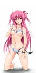 1girl angel_beats! bad_id barefoot blue_bra blue_panties blush bra bra_lift breasts demon_tail hair_ribbon high_res highres kneel kneeling lingerie long_hair naughty_face navel nightmaremk2 nipples panties pink_eyes pink_hair ribbon short_twintails smile solo strap_slip tail twintails underwear underwear_only yui yui_(angel_beats!)