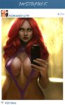  1girl breasts cleavage dc dc_comics empty_eyes erect_nipples holding holding_phone huge_breasts kaihlan koriand&#039;r lips long_hair looking_at_viewer mirror mirror_girl navel nipple_bulge orange_eyes orange_sclera orange_skin parted_lips phone purple_bikini red_hair redhead selfpic sling_bikini starfire teen_titans 