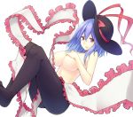  1girl big_breasts black_legwear blue_hair breasts covering covering_breasts female frills hat hiroya_juuren iku_nagae large_breasts looking_at_viewer nagae_iku panties panties_only pantyhose purple_hair red_eyes shawl short_hair simple_background solo topless touhou underwear underwear_only white_background 