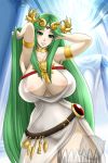 areola areola_slip armlet arms_up belt breasts circlet cleavage covered_navel covered_nipples dress green_eyes green_hair hands_in_hair huge_breasts jewelry kid_icarus long_hair looking_at_viewer nail_polish painted_nails palutena see-through smile thigh_gap thighs very_long_hair waifuholic