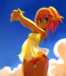 1girl bikini blue_eyes copyright_request dark_skin dress freckles hands hips pink_hair see-through smile solo swimsuit thigh_gap wakfu wide_hips xavier_houssin