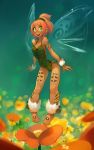 1girl barefoot butterfly_wings cute dark-skinned_female dark_skin fairy fairy_wings feet female flower flying green_eyes highres leaf_clothing leaves minigirl open_mouth orange_hair original plant ponytail short_hair solo tanned tattoo teeth wakfu wings xa xavier_houssin