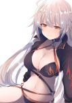 1girl ahoge bangs belt bikini black_bikini black_choker blush breasts choker cleavage cropped_jacket dyson_(edaokunnsaikouya) fate/grand_order fate_(series) groin hair_between_eyes halter_top halterneck jacket jeanne_d'arc_(alter) jeanne_d'arc_(fate)_(all) large_breasts long_hair long_sleeves looking_at_viewer navel o-ring o-ring_bikini o-ring_top shrug_(clothing) sidelocks silver_hair sitting swimsuit very_long_hair white_background yellow_eyes