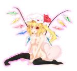 1girl bare_shoulders black_legwear blonde_hair blush breasts female flandre_scarlet groin hat heart heart_pillow high_res highres mound_of_venus naked_thighhighs nipples nude pillow red_eyes shinya_(soramame) short_hair sitting solo stockings the_embodiment_of_scarlet_devil thighhighs touhou wings