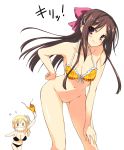  2girls ama_ane bikini bikini_bottom_removed bikini_top_only blonde_hair blush bottomless breasts brown_hair cleavage commentary_request hair_ornament hair_ribbon hairclip hand_on_hip highres kikurage_(plastic_people) large_breasts leaning leaning_forward long_hair looking_at_viewer multiple_girls navel open_mouth purple_eyes ribbon side_ponytail simple_background smile swimsuit takashina_natsumi white_background yashima_otome 