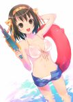  1girl bikini breasts brown_eyes brown_hair cleavage denim denim_shorts female_only floating_tire hairband haruhi_suzumiya high_res inner_tube innertube midriff navel open_fly open_mouth short_hair short_shorts shorts smile solo_female submerged suzumiya_haruhi suzumiya_haruhi_no_yuuutsu swimsuit uni uni_(plastic_girl) unzipped water water_gun 