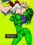 2009 ass avengers big_breasts blonde_hair blue_eyes boots breasts crossover dc_comics erect_nipples gloves green_hair hulk_(series) jennifer_walters julius_zimmerman_(artist) julius_zimmerman_color justice_league lipstick long_hair marvel muscle nipples nude power_girl pubic_hair pussy red_lipstick she-hulk short_hair torn_clothes yuri zimmerman