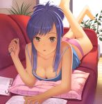 1girl :o barefoot blue_hair book breasts brown_eyes camisole cleavage couch down_blouse downblouse erect_nipples face foreshortening hands legs legs_up lying on_stomach original panties pen pillow red_upholstery solo strap_slip sweat underwear writing yamamoto_shima