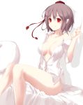 1girl aya_shameimaru bare_shoulders bed big_breasts black_hair bottomless breasts breasts_apart brown_hair collarbone dress_shirt fal_maro female hat high_res highres large_breasts looking_at_viewer naked_shirt no_bra no_pants off_shoulder open_clothes open_shirt pointy_ears red_eyes shameimaru_aya shirt smile solo tokin_hat touhou