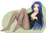 1girl ahoge areola areola_slip areolae azusa_miura blue_hair breasts business_suit cleavage feet formal high_res highres idolmaster idolmaster_2 jacket kusowarota legs long_hair looking_at_viewer miura_azusa office_lady panties panties_over_pantyhose pantyhose pantyshot pencil_skirt purple_eyes red_eyes sitting skirt skirt_lift skirt_suit smile solo suit underwear upskirt very_long_hair white_panties