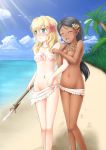  2girls arm_grab bare_shoulders beach black_hair blonde_hair blush closed_eyes cloud clouds copyright_request dark_skin female flower footprints grass green_eyes hair hair_flower hair_ornament happy highres hug hugging jewelry kerasu knife long_hair looking_away midriff mound_of_venus multiple_girls navel necklace ocean open_mouth plant sand shy sky smile sunlight topless tree water weapon yuri 